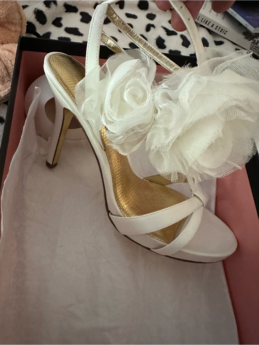 Nina Ivory Floral Tulle High Heel Sandals with Gold Accents